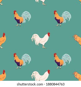 Fancy pattern with chicken, eggs and millet. A hand-drawn repeating pattern for your projects. 
