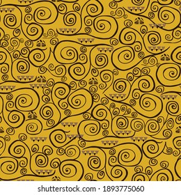 Fancy pattern seamless, bright yellow spirals swirled, gold painted by hand.