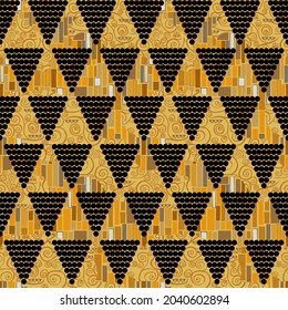 Fancy pattern triangles dots in the style of Klimt, bright yellow colors, gold painted by hand.