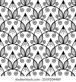 fancy pencil tips. ink petals, curves and lines. black and white stencil. seamless vector pattern