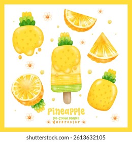 fancy pineapple ice-cream summer watercolor elements isolated on white background. Vector illustration.