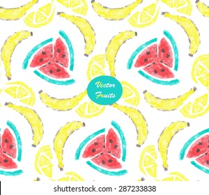Fancy pineapple seamless pattern. Hand drawn with crayons. Back to school sketchy style
