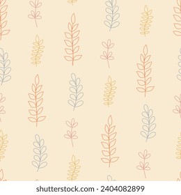Fancy plant seamless pattern, decorative branch with leaves, pink berries for home decor, festive holiday arrangement, vector illustration for seasonal gift paper, textile, celebration design