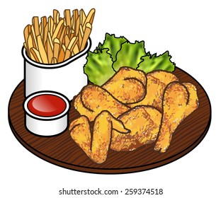 A fancy platter of fried chicken with chips / fries and tomato sauce.