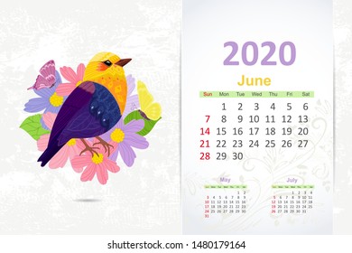 fancy pretty bird in flowers. calendar 2020 design, june
