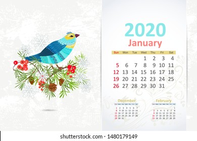 fancy pretty bird in nature. calendar 2020 design, january