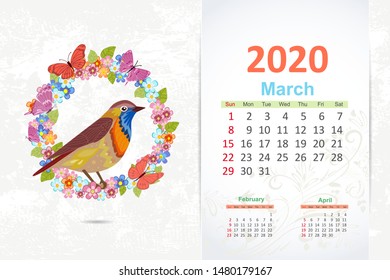 fancy pretty bird on floral wreath. calendar 2020 design, march