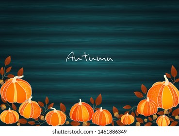 Fancy pumpkin with oak seed and red leaves background vector for decoration in autumn festival.