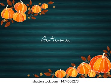 Fancy pumpkin with oak seed and red leaves background vector for decoration in autumn festival.