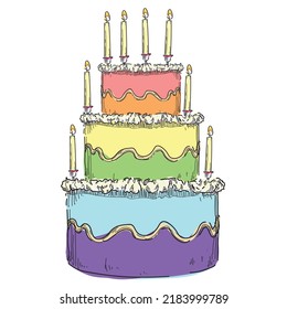 Fancy Rainbow Lgbt Gay Pink Cake Three Floors With Candles And  Icing On White Background