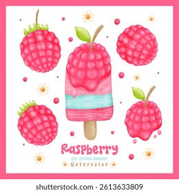 fancy raspberry ice-cream summer watercolor elements isolated on white background. Vector illustration.