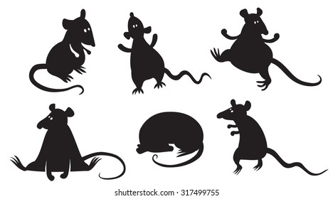 Fancy rats or mouses silhouettes. Set with cute domestic pets. Black cartoon cheerful mouses resting, sitting, walking, sleeping. Vector illustration for vinyl stickers, t-shirts, zoo,