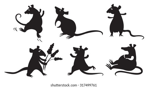 Fancy rats or mouses silhouettes. Set with cute domestic pets. Black cartoon cheerful mouses resting, sitting, walking, jumping. Vector illustration for vinyl stickers, t-shirts, zoo,