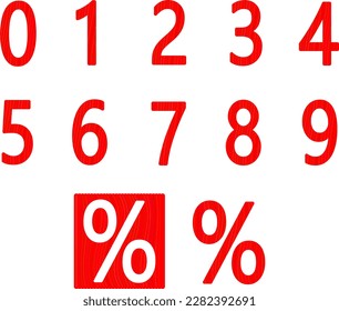 fancy red numbers. 0 1 2 3 4 5 6 7 8 9. the percent sign. %. vector illustration. set. collection. template.