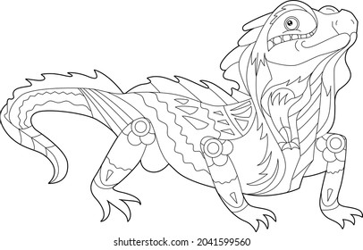 Fancy reptile iguana on white background. Contour linear illustration for coloring book with dragon.  Anti stress picture. Line art design for adult or kids  in zen-tangle style and coloring page.
