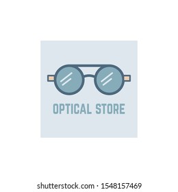 Fancy retro sunglasses. Optical store. Pre-made logo design. Minimalistic logo. Colored graphic vector illustration. Cartoon style, simple flat design. Isolated icon