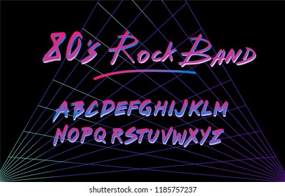 Fancy retrofuturistic neon font on dark backround. Synthwave/ vaporwave style. 