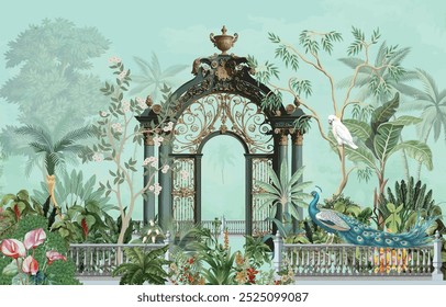 Fantasia arco de jardim romano, pavão ilustrações papel de parede de luxo. Arco de selva pavão paisagem ilustrações.