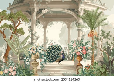 Fantasia arco de jardim romano, pavão ilustrações papel de parede de luxo. Ilustração do papel de parede da selva vintage.