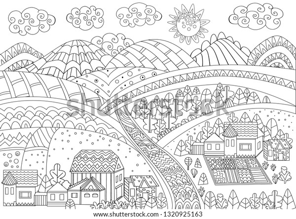 Fancy Rural Landscape Your Coloring Page Stock Vector (Royalty Free ...