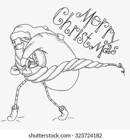 Fancy Santa with Christmas gifts. Merry christmas. Set of Christmas hand-drawn decorative elements in vector.  Pattern for coloring book. Black and white pattern. Sketch by trace. Zentangle.