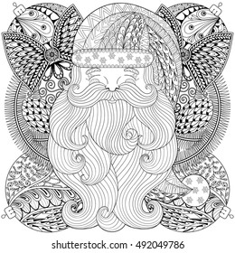 Fancy Santa on Christmas balls, wreath in zentangle style. Freehand ethnic Xmas sketch for adult coloring book. Ornamental artistic vector illustration. New Year 2017 collection.