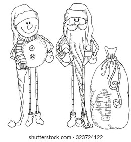 Fancy Santa  and snowman with Christmas gifts. Merry christmas. Set of Christmas hand-drawn decorative elements in vector.  Pattern for coloring book. Black and white. Sketch by trace. Zentangle.