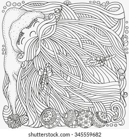 Fancy Santa with tangled beard. Xmas sweets. Merry christmas. Hand-drawn decorative elements in vector.  Pattern for coloring book. Black and white. Sketch by trace. Zentangle.