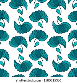 fancy sea-green flowers on white background, hand drawing . Vector seamless background.