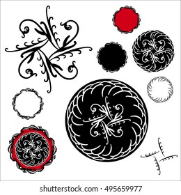 fancy seals stamps or website button vector designs in a collection of red black and white shapes with elegant scalloped edges and starburst diamond doodle center, abstract hand drawn illustrations