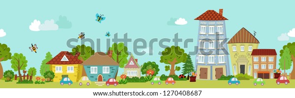 fancy seamless cityscape with whimsical\
houses and flying butterflies for your\
design