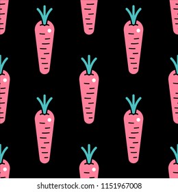 Fancy seamless exotic carrots pattern, cartoon style stylized pink carrots on black background.