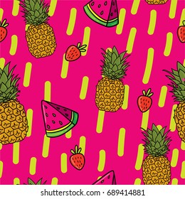 Fancy seamless pattern background sketch doodle 80s comic style on juicy fresh bright pink background with pineapple and watermelon slices. Tropical hippie tribal summer ornament