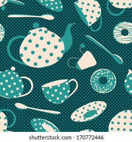Fancy seamless pattern of blue white polka dots tea set and donuts