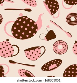 Fancy Seamless Pattern Of Brown Pink Polka Dots Tea Set And Donuts