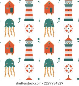 Fancy seamless pattern with cute sea animal, jellyfish, lighthouse, beach house, buoy. Flat hand drawn summer background for wrapping paper, children merch, baby shower, fabric, textile, stickers