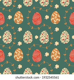 Fancy seamless pattern for a happy Easter. Painted eggs with flowers and butterflies. Can be used for ceramic tiles, wallpaper, textiles, backgrounds.  Modern vector illustration for your projects 