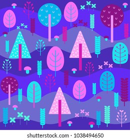 Fancy seamless pattern on purple background with floral ornamental elements, Scandinavian simple shape plants. Summer or autumn or winter fashion backdrop for kids textile, accessories print, etc.