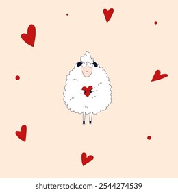 fancy seamless pattern with white cute sheep and red hearts and dots on a light warm yellow background