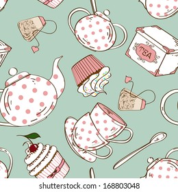 Fancy Seamless Pattern Of White Pink Polka Dots Tea Set And Cupcakes