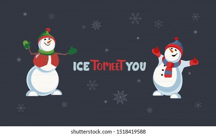 Fancy seasonal design element. Playful fun snowmen cartoon. Merry Christmas winter season wish greeting card. Holiday seasonal snow joke cute flyer background. New Year eve party vector illustration