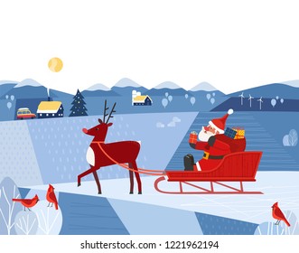 Fancy seasonal poster. Cartoon cute Santa Claus, Reindeer red nose deliver gifts on sleigh to rural house. Merry Christmas winter season happiness. Holiday background. Vector New Year eve fun banner