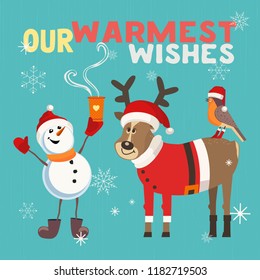 Fancy seasonal poster. Cartoon humor comic snowman, deer, robin bird in red santa hat. Merry Christmas winter season greeting card wish. Holiday cute flyer background. Vector New Year eve fun banner