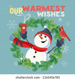 Fancy seasonal poster. Cartoon playful fun snowman, red cardinal bird. Merry Christmas winter season greeting card wish. Holiday seasonal cute flyer background. New Year eve party vector illustration