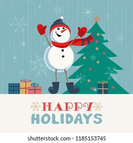 Fancy seasonal poster. Cartoon playful fun snowman snow ball. Template for Merry Christmas winter season greeting card. Holiday seasonal cute flyer background. New Year eve party vector illustration