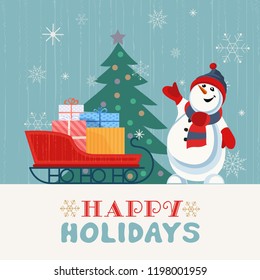 Fancy seasonal poster. Cartoon playful fun snowman, snow ball. Template for Merry Christmas winter season greeting card. Holiday seasonal cute flyer background. New Year eve party vector illustration