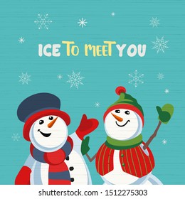 Fancy seasonal poster. Cartoon playful fun snowmen cartoon. Merry Christmas winter season greeting card wish. Holiday seasonal snow joke cute flyer background. New Year eve party vector illustration