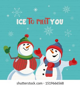 Fancy seasonal poster. Cartoon playful fun snowmen cartoon. Merry Christmas winter season greeting card wish. Holiday seasonal snow joke cute flyer background. New Year eve party vector illustration