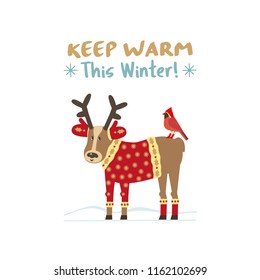 Fancy seasonal poster. Cute deer, bird in clothes for frozen winter. Reindeer, red northern cardinal. Colorful playful cartoon. Vector winter holiday greeting card. New Year eve fun banner background