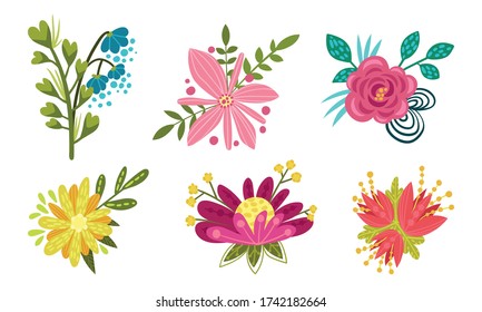 Fancy Shaped Floral Compositions with Green Branches and Flower Buds Vector Set